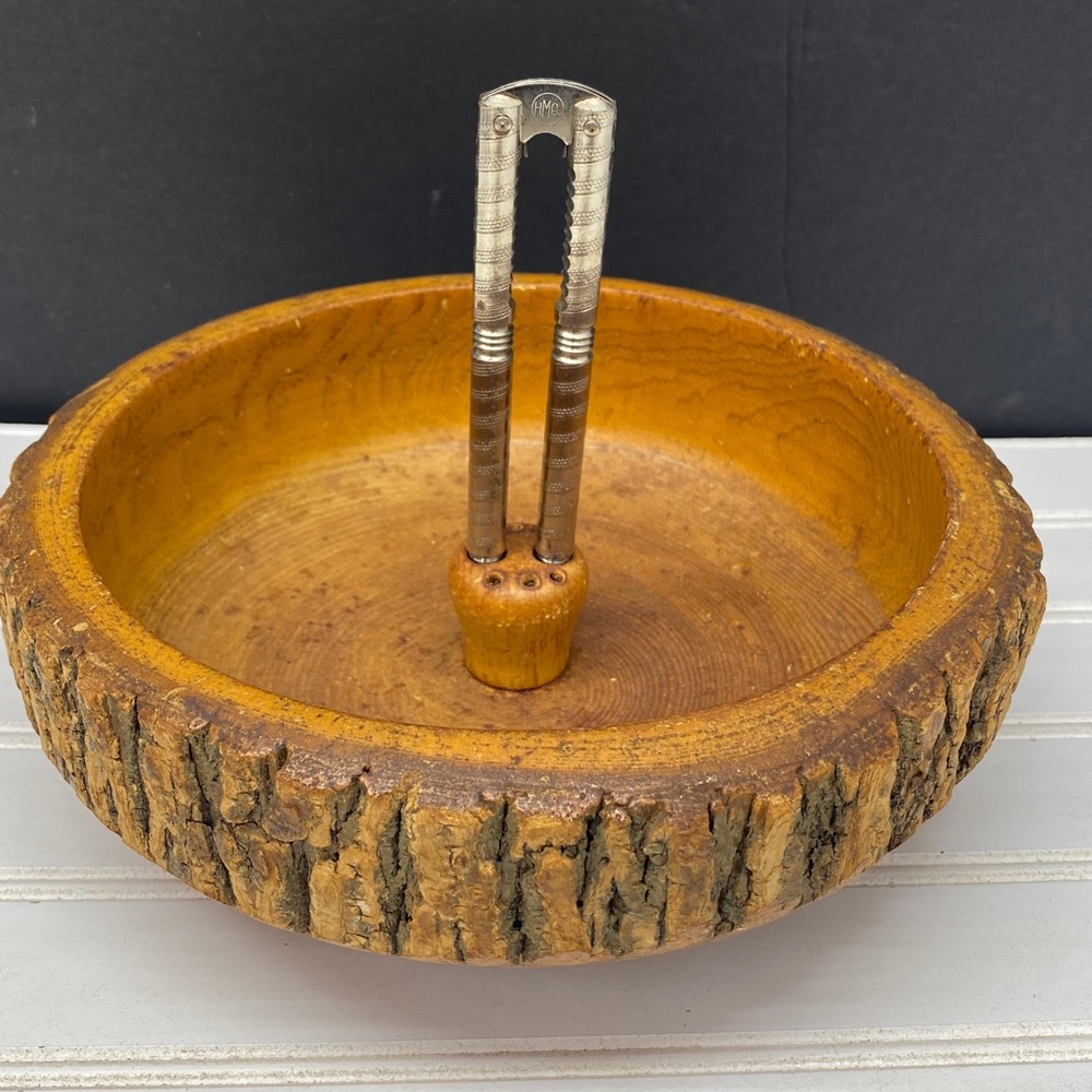 Tree Bark Wood Nut Bowl and Nutcracker Set 8”